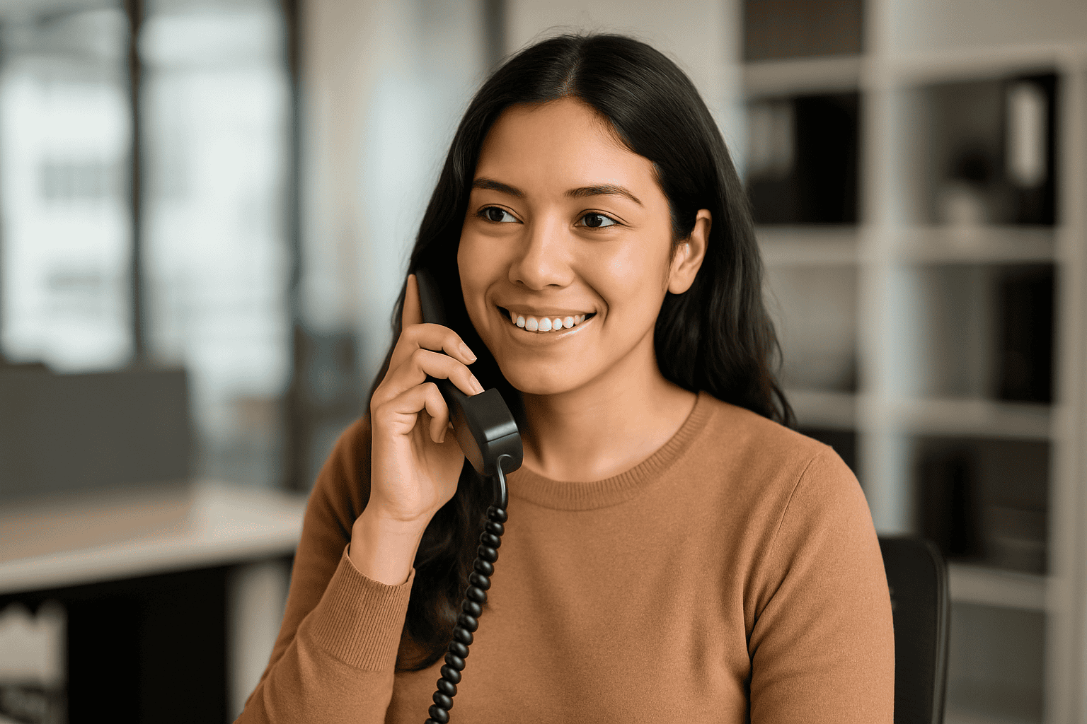 Persona atendiendo llamada en oficina moderna.