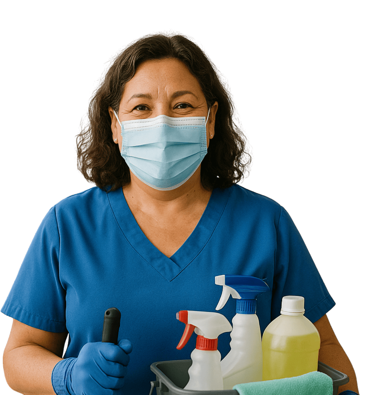 Personal de limpieza con equipo y productos especializados.