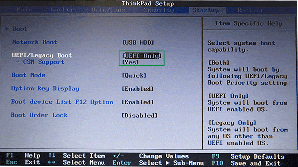 "Boot Menu" de Lenovo (onglet Startup)