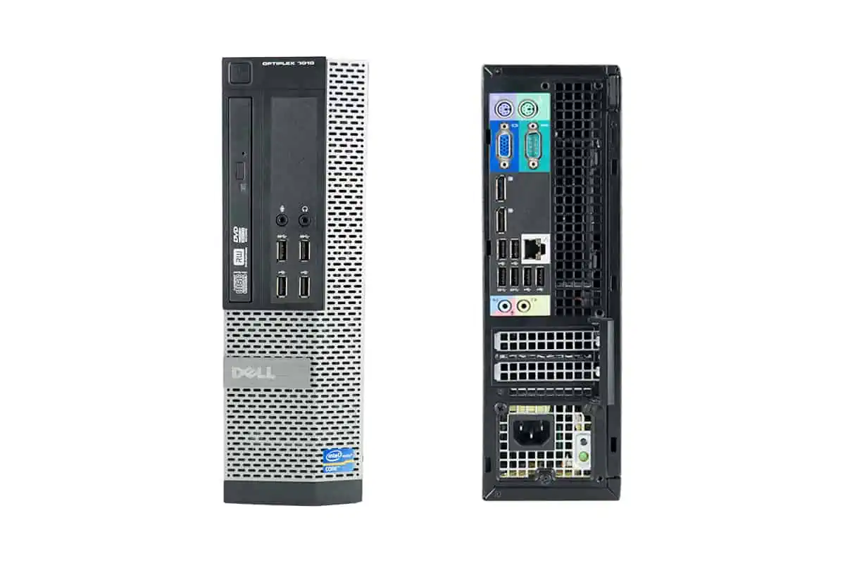 Dell Mini Tour Compact PC avec connectivité USB, HDMI et ports audio pour bureau professionnel ou usage commercial.