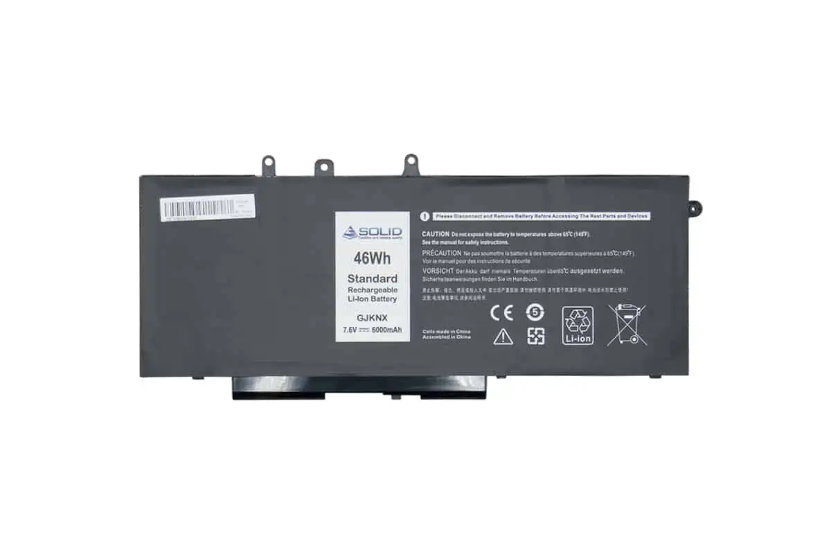Batterie rechargeable Li-ion pour ordinateurs portables, capacité 46Wh, compatible avec modèles GJKNX, 7.6V, 6000mAh, marque SOLID, distribution en Chine, éléments de sécurité et recyclage.