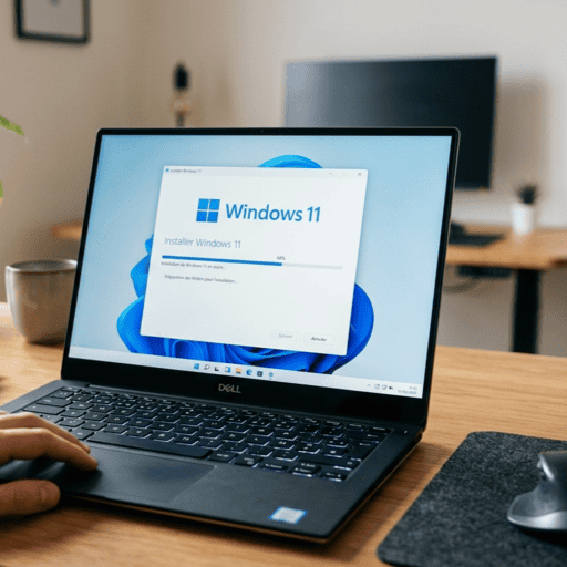 Ordinateur portable Dell en cours d'installation de Windows 11 avec écran affichant le processus d'installation.