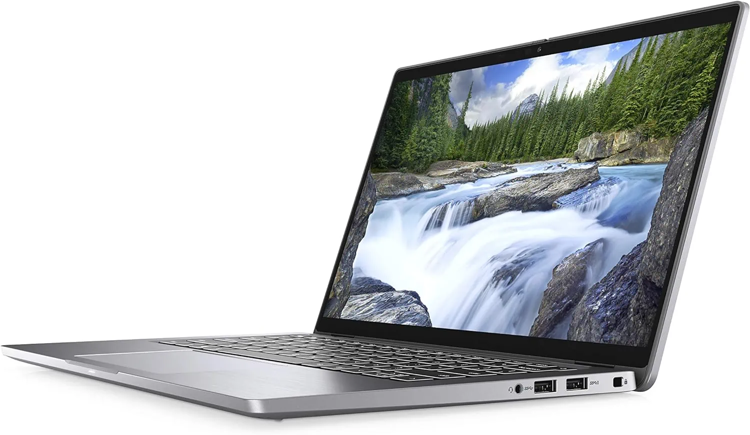 Ordinateur portable slim avec écran affichant une cascade dans un environnement naturel, idéal pour le travail ou le divertissement.