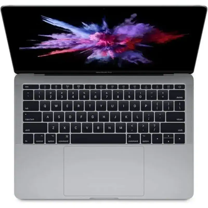 Clavier de MacBook Pro en aluminium avec écran Retina affichant un fond d'écran coloré, apportant une description précise pour une meilleure optimisation SEO.