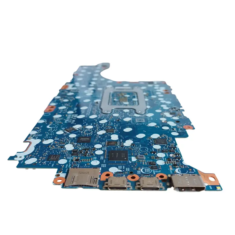 Carte mère pour ordinateur portable avec circuits intégrés, ports USB et connecteurs.