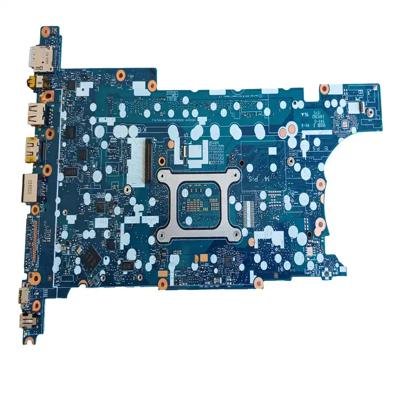 Carte mère pour ordinateur portable, composant électronique, circuit imprimé bleu avec connecteurs et ports.