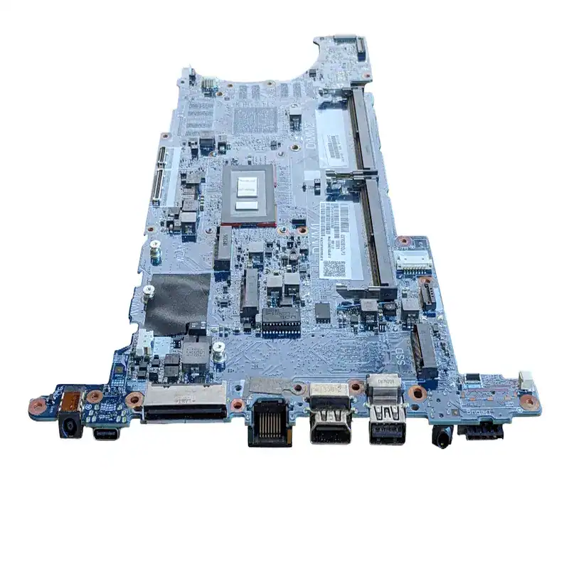 Panneau mère de laptop pour réparation ou upgrade, vue détaillée d'une carte mère d'ordinateur portable avec connecteurs et composants électroniques.