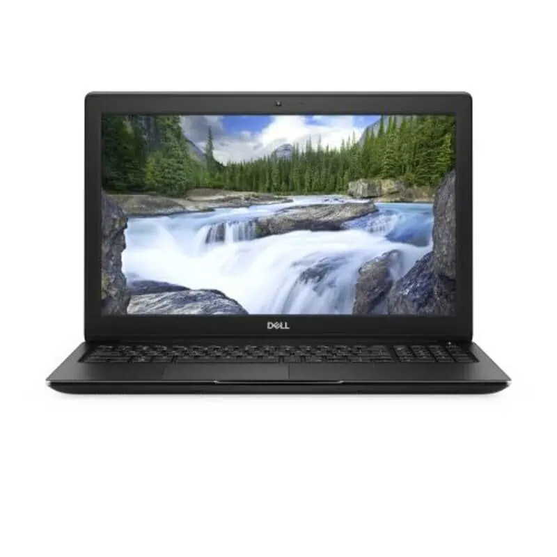 Ordinateur portable Dell pour un usage professionnel ou personnel, avec écran haute résolution montrant une scène de rivière en forêt.