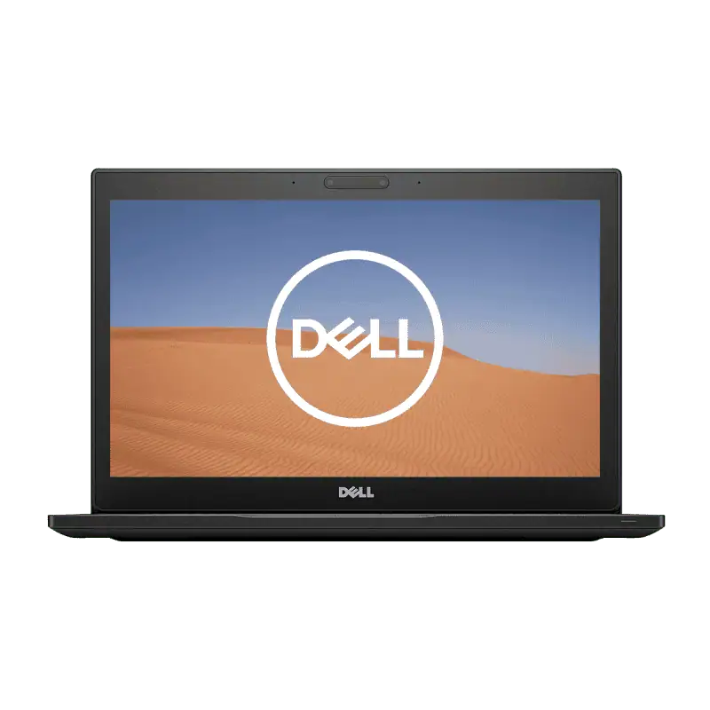 Périphérique informatique Dell, ordinateur portable pour usage professionnel ou personnel, dans un décor désertique avec le logo Dell visible à l'écran.