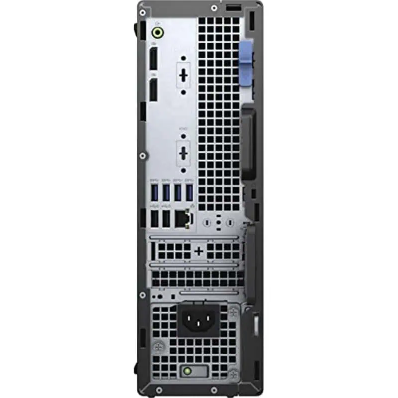Clavier arrière d'un ordinateur de bureau, composants internes visibles, ports USB, alimentation électrique, ventilation, et connecteurs pour périphériques.