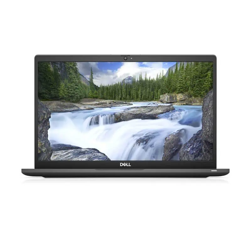 Paysage naturel avec rivière et forêt verdoyante visible sur un ordinateur portable Dell, idéal pour le travail ou les loisirs, offrant une expérience visuelle immersive et une performance fiable.