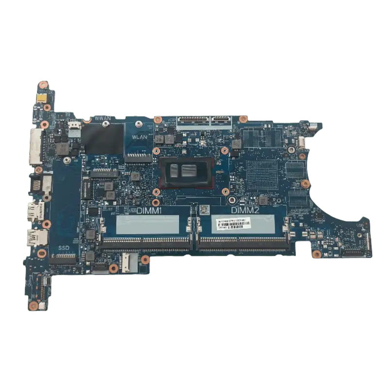 Carte mère d'ordinateur portable avec slots pour RAM, processeur et connecteurs divers, vue de dessus.