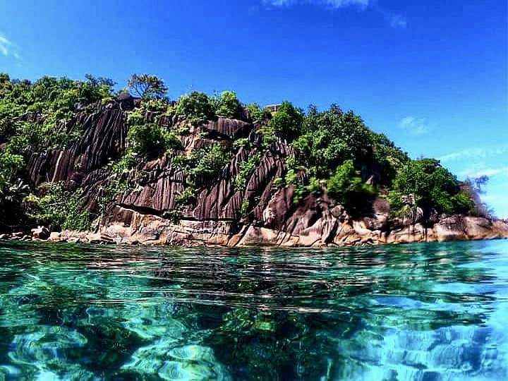 Roche rocheuse verdoyante bordant une eau turquoise claire à Mahé Seychelles.