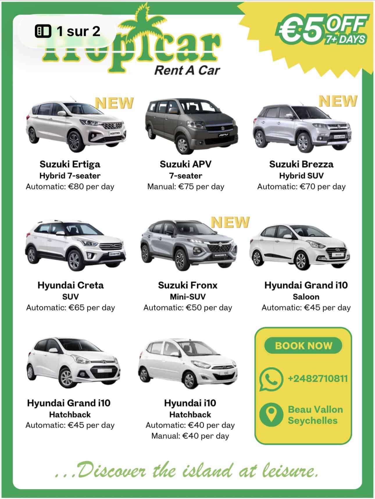 Tropicar Mahé fleet prices 2026 Suzuki Ertiga Brezza APV Hyundai Creta Fronx Grand i10