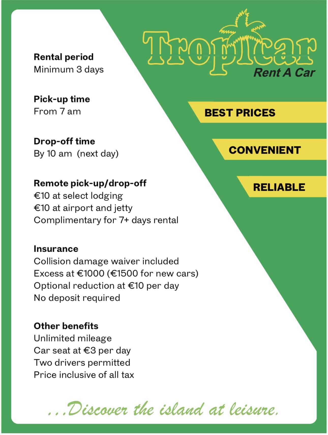 Tropicar Mahé rental conditions minimum rental delivery insurance unlimited mileage