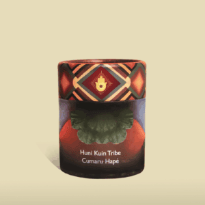 Wildcrafted incense candle inspired by Huni Kuin Tribe and Cumarú Hapé, featuring traditional tribal symbols, spiritual design, and natural ingredients for cleansing and energy clearing.