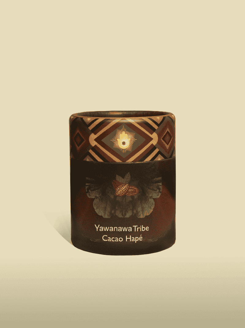 Yawanawa Tribe cacao Hapé container with traditional indigenous design and spiritual symbolism, representing indigenous cacao culture and healing rituals for holistic wellness.