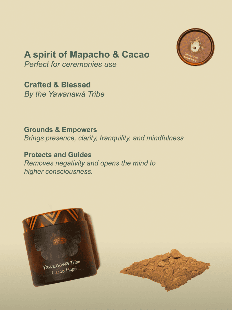Yawanawá Tribe cacao hape, organic cacao product, ceremonial medicine, ground cacao powder for spiritual practices, empowerment, mindfulness, and traditional rituals.