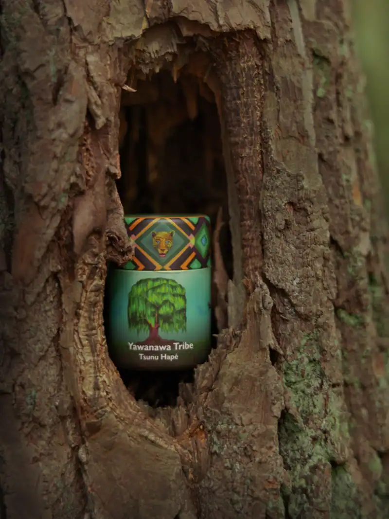 Vibrant Yawanawa Tribe candle with tribal patterns and nature-inspired design nestled in tree bark.