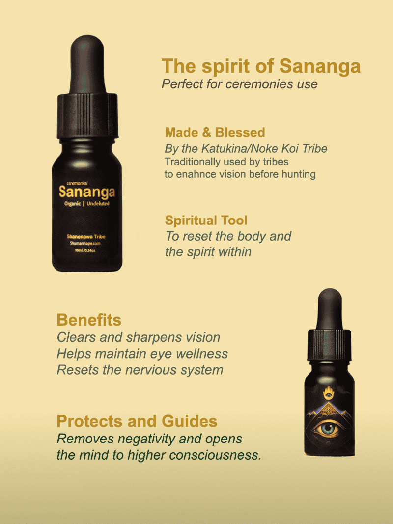 Traditional Sananga eye drops from the Huni Kuin tribe, used for vision enhancement and spiritual healing, made from natural plant extracts.