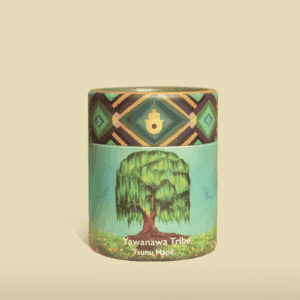Yawanawa Tribe Tsunu Hape incense container with vibrant tree illustration and indigenous geometric patterns, representing Native Amazonian spirituality and cultural heritage.