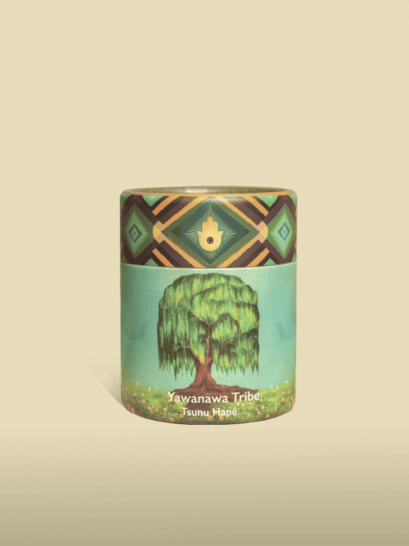 Yawanawa Tribe Tsunu Hape incense container with vibrant tree illustration and indigenous geometric patterns, representing Native Amazonian spirituality and cultural heritage.