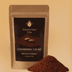 Organic ceremonial cacao powder in resealable bag with cocoa nibs graphic, highlighting pure, organic, and ritualistic use for spiritual and health benefits, ideal for cacao ceremonies.
