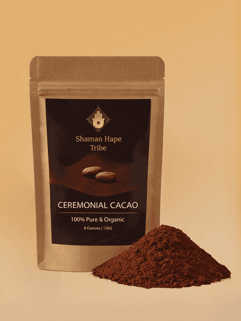 Organic ceremonial cacao powder in resealable bag with cocoa nibs graphic, highlighting pure, organic, and ritualistic use for spiritual and health benefits, ideal for cacao ceremonies.