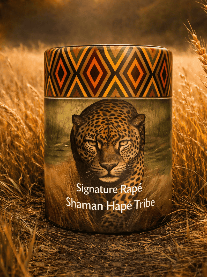 High-quality Hapé container with jaguar design and tribal patterns, representing spiritual connection and tradition.