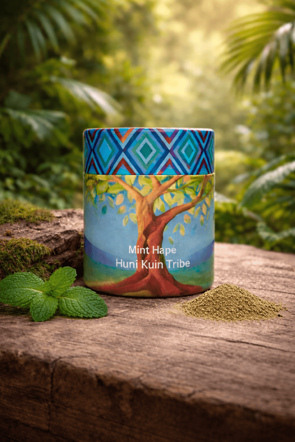 Traditional Mint Hapé from the Huni Kuin Tribe, crafted with natural herbs, in a colorful container, symbolizing indigenous Amazonian culture and spiritual practices.
