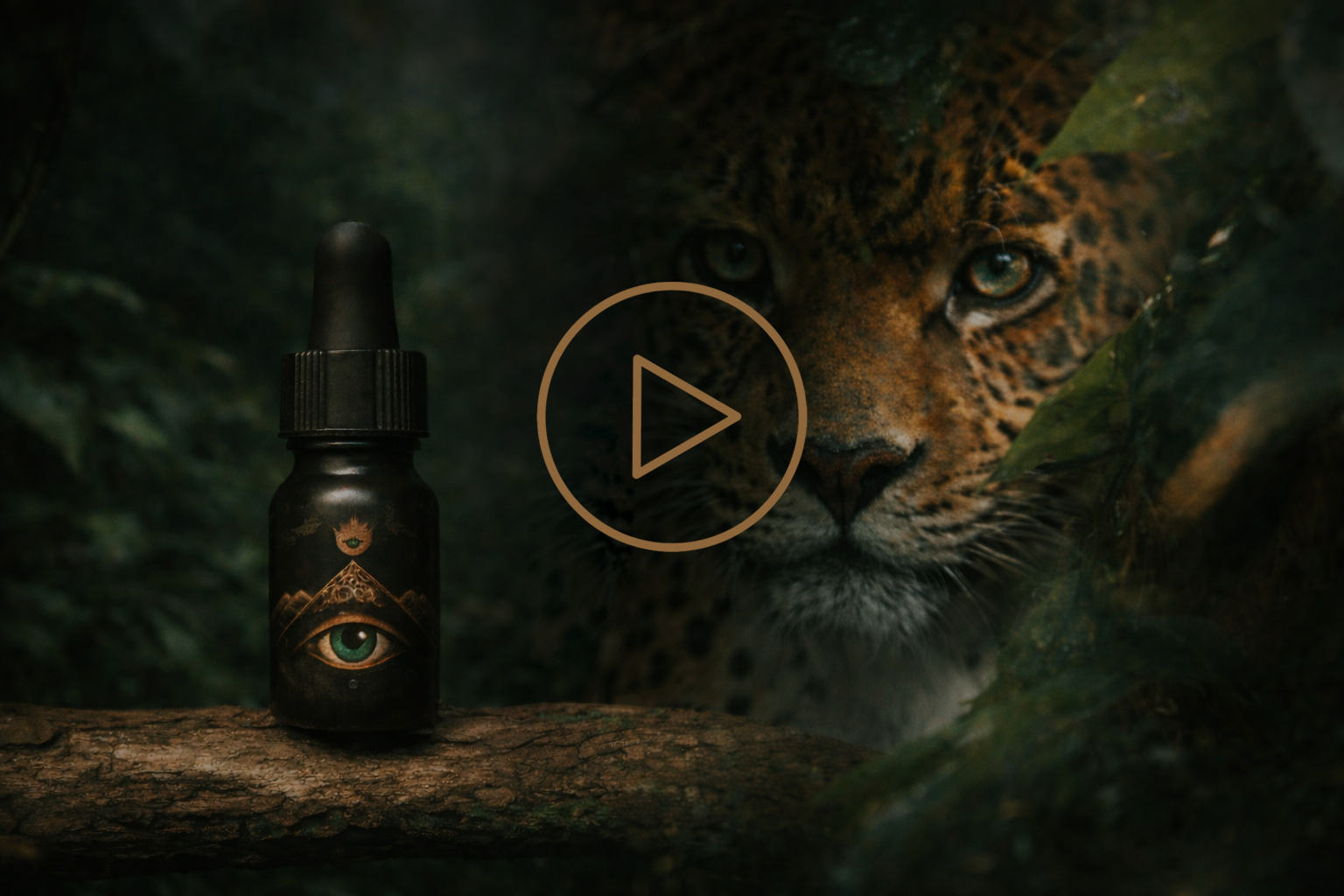 Close-up of a Sananga eye drop bottle with a jaguar in the background, emphasizing natural healing and vision enhancement.