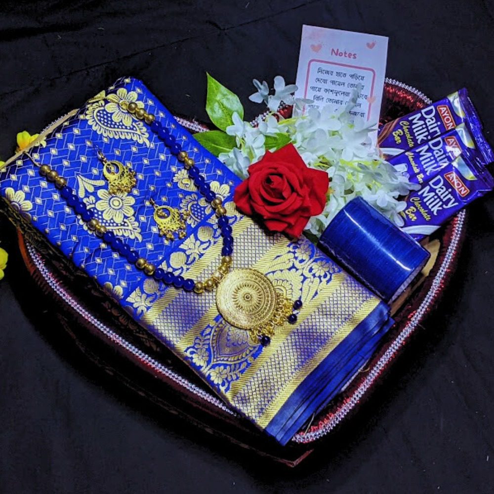 Katan benaroshi saree combo package. for gift. blue color - Image 2