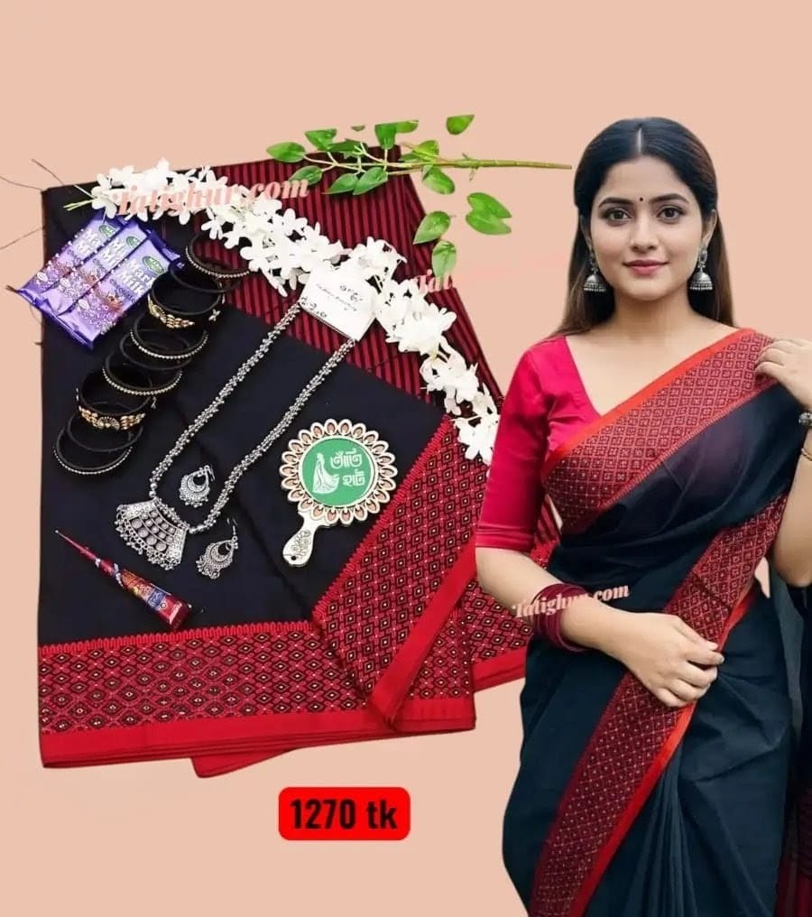 Black saree , tangailer saree কালো কালার শাড়ি, গিফট প্যাকেজ