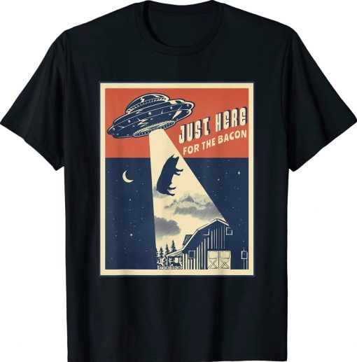 Alien Farm Abduction Beam Funny Retro Bacon Lover UFO Pig Tee Shirt