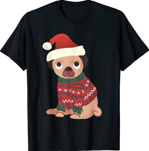 Pug dog wearing Christmas cute ugly sweater and Santa Hat Tee Shirt