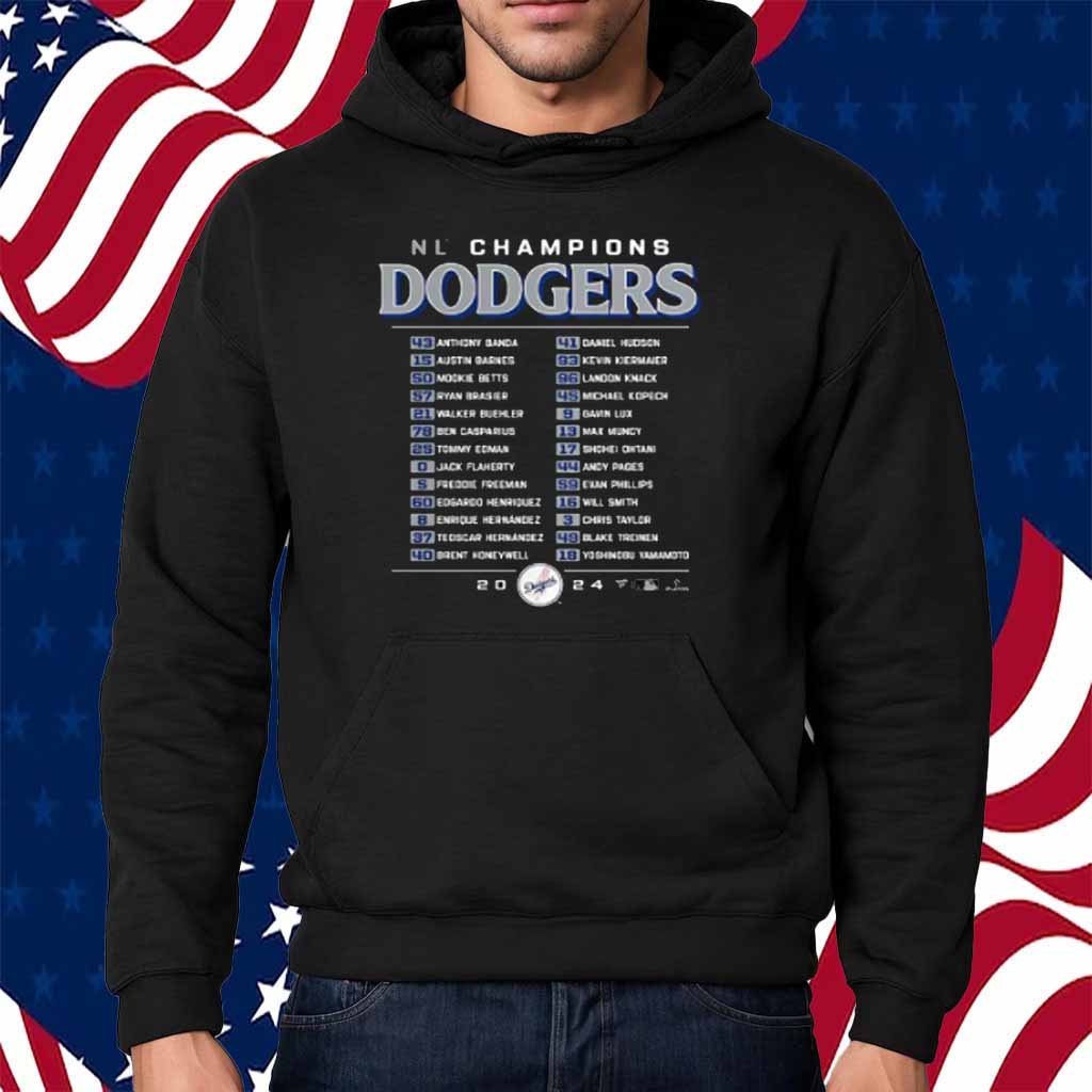 Los Angeles Dodgers 2024 National League Champions Bloop Single Roster T-Shirt