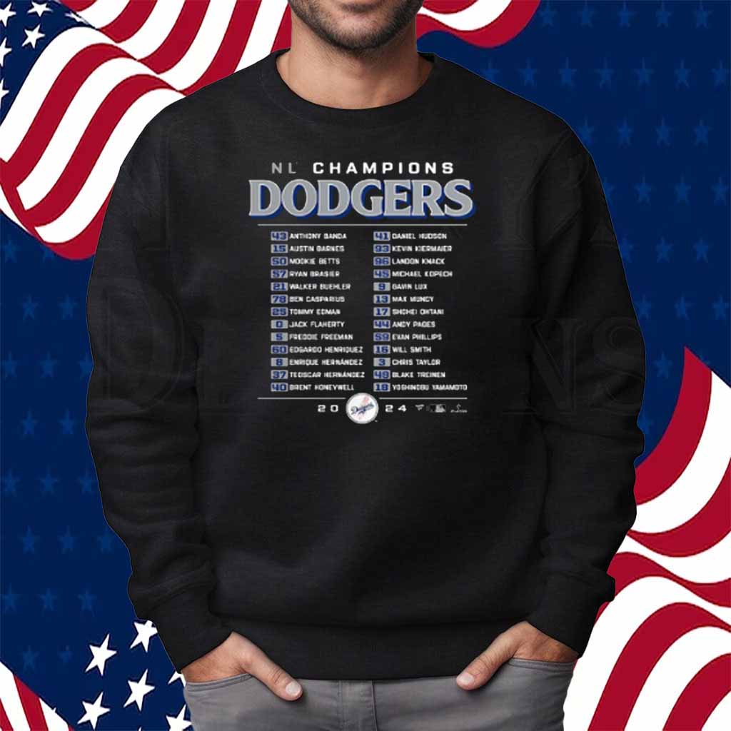 Los Angeles Dodgers 2024 National League Champions Bloop Single Roster T-Shirt
