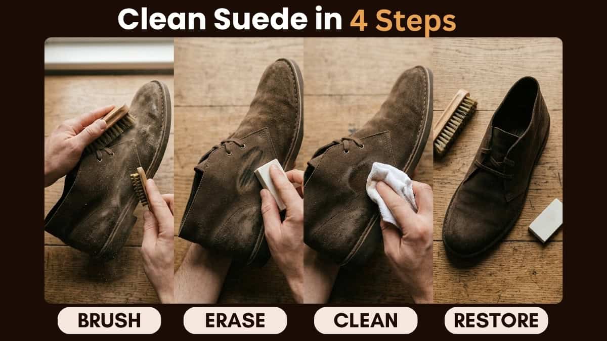 step by step process showing how to clean suede shoes using brush and eraser
