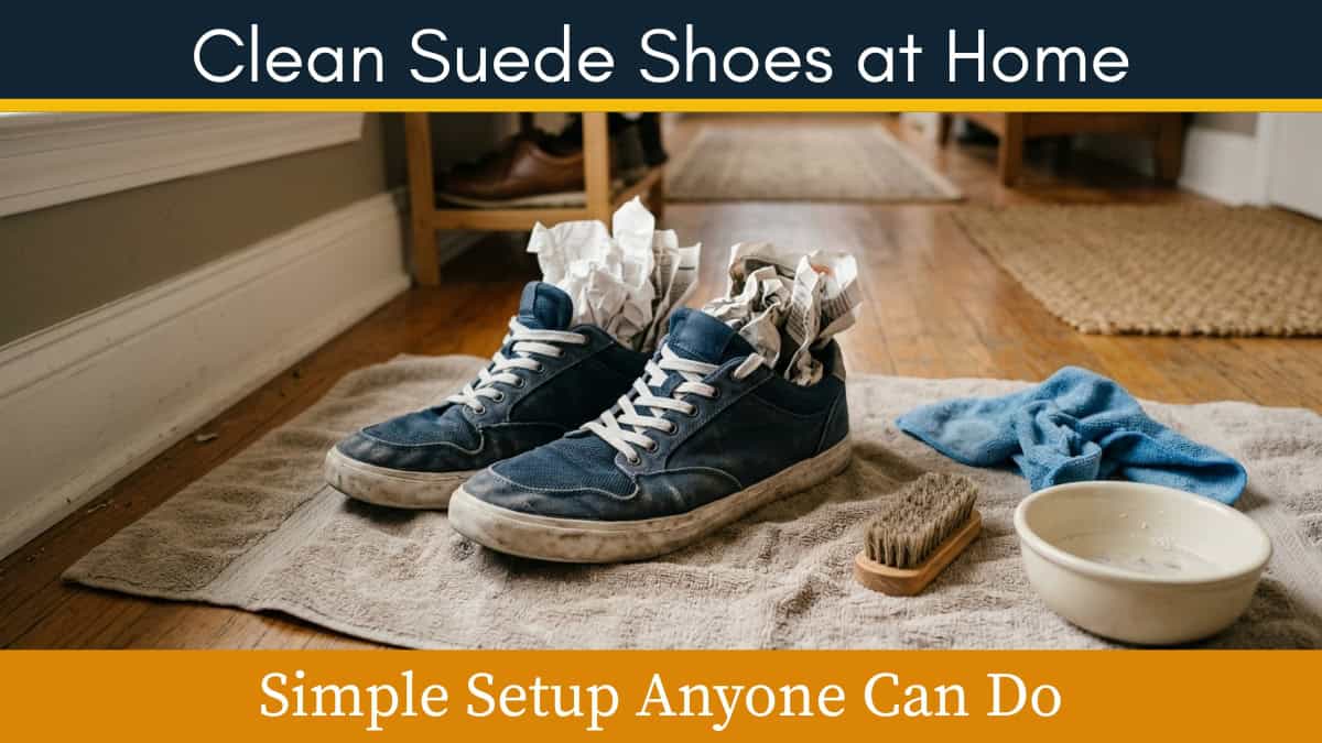 how to clean suede shoes at home setup with paper stuffing and cleaning tools