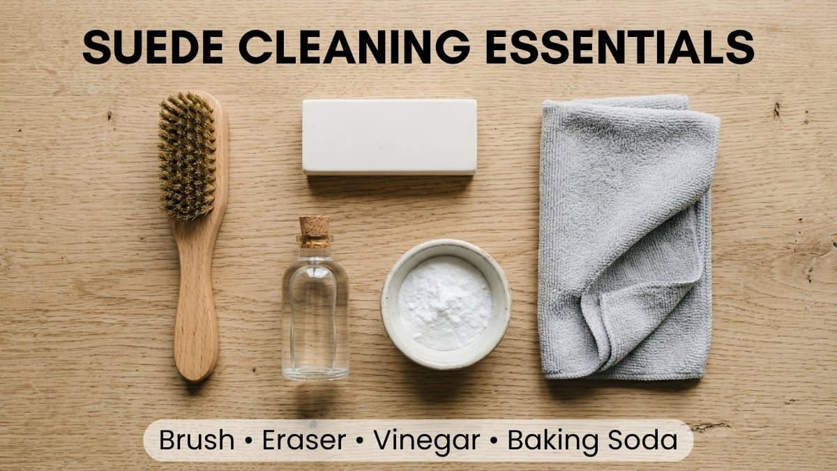 tools needed to clean suede shoes like brush eraser vinegar and baking soda