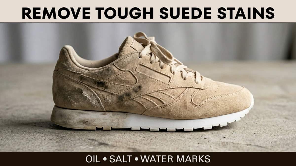 before and after removing stains from suede shoes including oil and salt marks