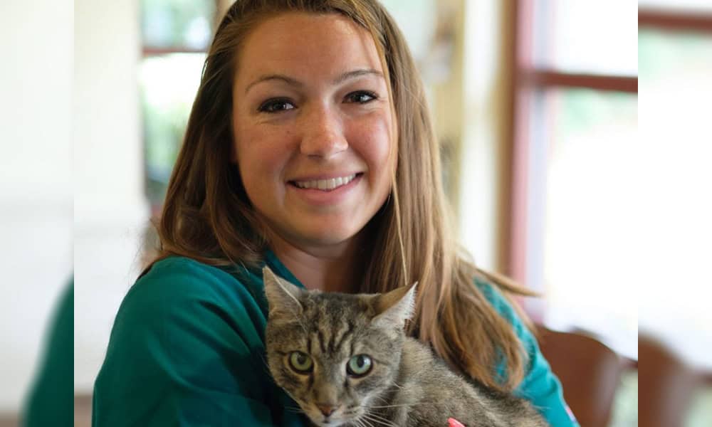 A smiling woman with long brown hair, wearing a teal top, holding a gray tabby cat in a brightly lit veterinary clinic.