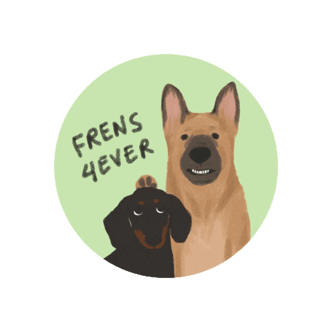 Illustration of a cheerful german shepherd and a small black dog with the phrase "frens 4ever" written above them, all set against a pale green circular background at the vet.