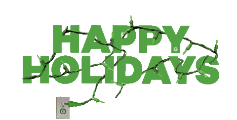 The phrase "happy holidays" in green lettering with an electrical cord and plug, partially shattered with fragments connected by wires, designed by a veterinarian.
