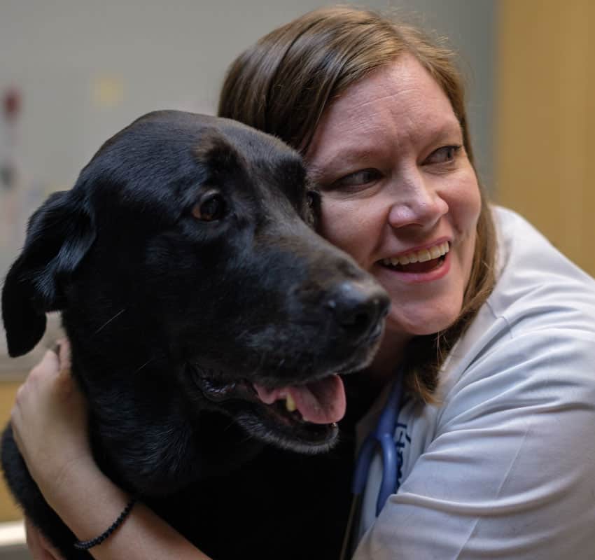 vet and dog after physical therapy