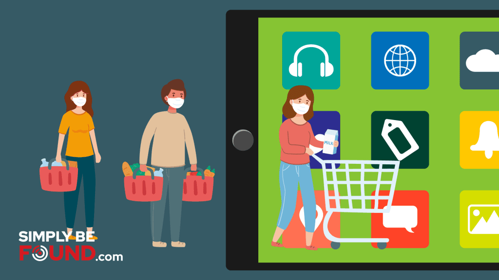 Shopping with masks images, highlighting online grocery shopping and digital marketing strategies.