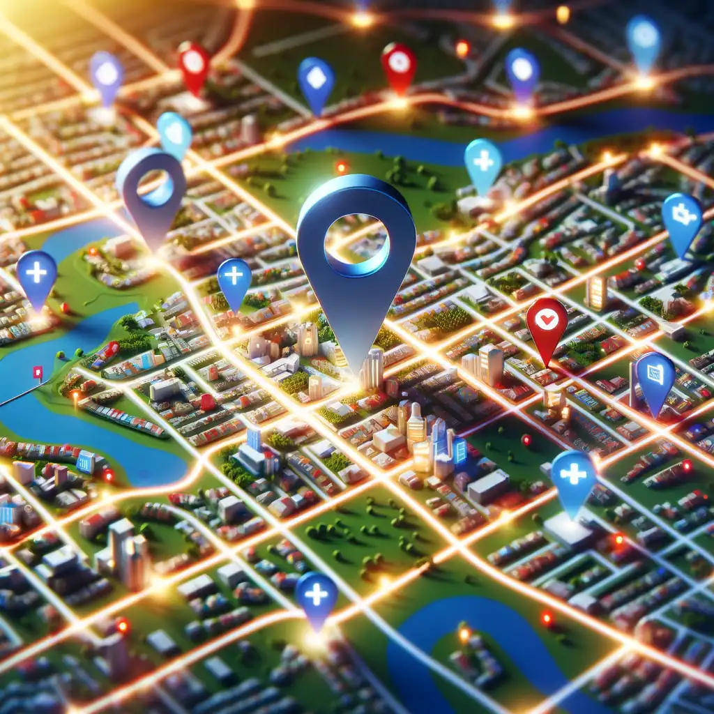 Large urban map with colorful location pins, highlighting points of interest and navigation, illustrating comprehensive local SEO and digital marketing services for businesses seeking online visibility.