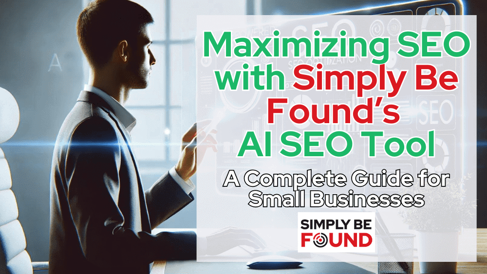 A minimalistic illustration of a business owner using AI SEO tools on a computer, with graphs and charts representing SEO optimization, and glowing digital elements symbolizing AI assistance in a clean, professional setting.