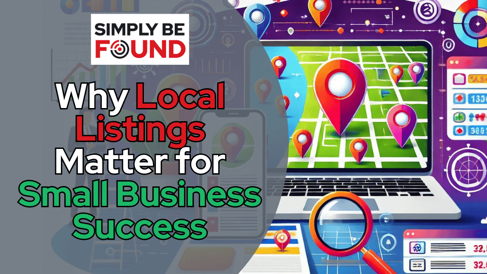 Illustration showing location pins, maps, business profiles, and search engine results on a laptop and smartphone, emphasizing the role of local listings in improving visibility and driving customer engagement.