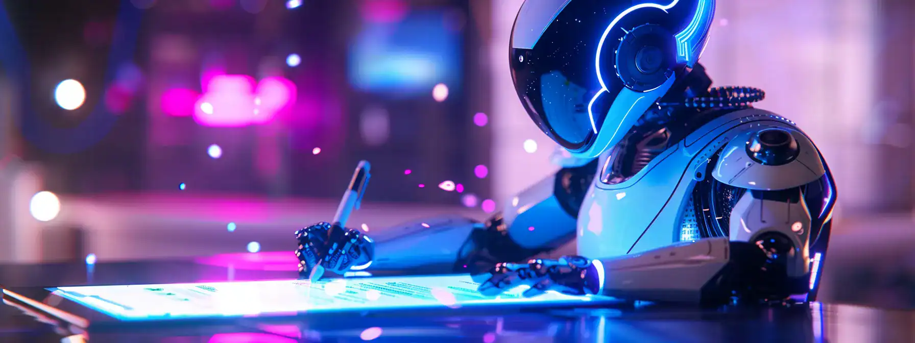 a futuristic robot penning down a captivating story on a sleek digital tablet, showcasing the blending of artificial intelligence and creativity in writing.